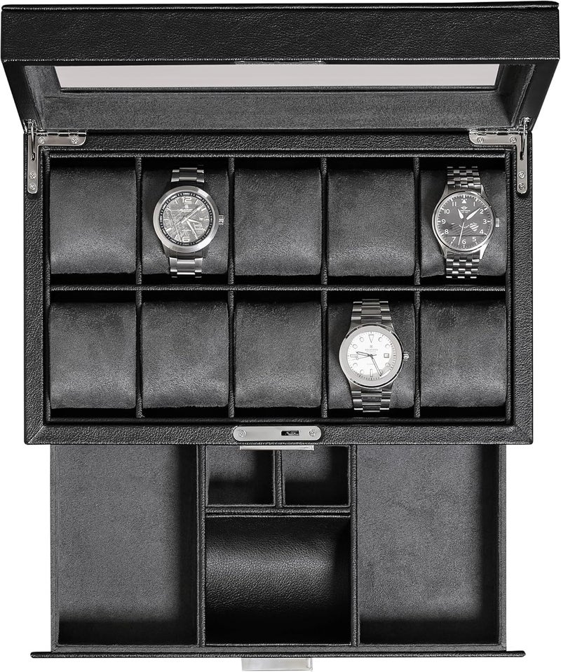 ROTHWELL 10-Slot Watch Box in Leather with Valet Drawer, Luxury Watch Case Display Organizer with Ultra Soft Microsuede Liner, Jewelry and Sunglass Holder With Large Glass top (Black/Grey) - Image 1